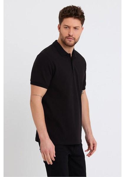 Erkek Siyah Basic Ribana Kol Pamuk Polo Yaka T-Shirt