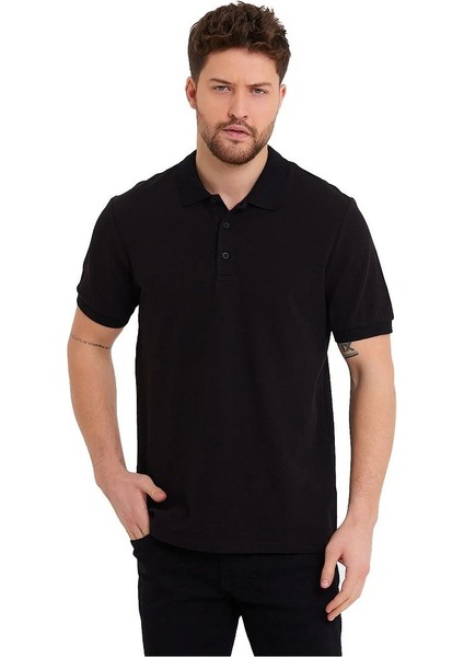 Erkek Siyah Basic Ribana Kol Pamuk Polo Yaka T-Shirt modelleri