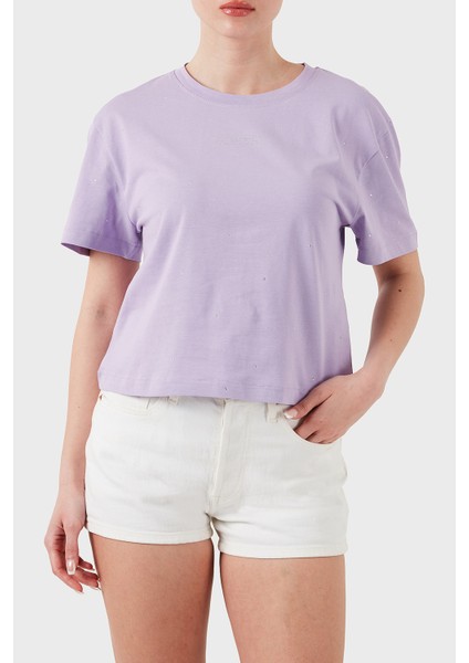 Primula Taşlı Logolu Pamuklu Boxy Fit Bisiklet Yaka T Shirt V5GI00I3Z14 Bayan T Shirt V5GI00 I3Z14 G4I5