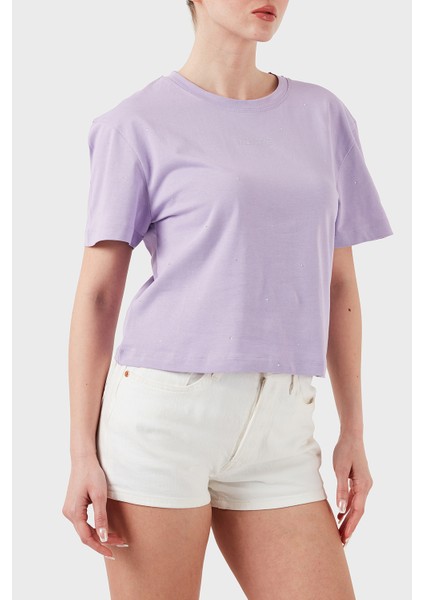 Primula Taşlı Logolu Pamuklu Boxy Fit Bisiklet Yaka T Shirt V5GI00I3Z14 Bayan T Shirt V5GI00 I3Z14 G4I5