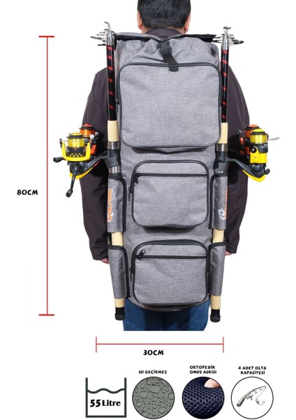 Balıkçı Sırt Çantası Gri Büyük Boy 4 Olta Kapasiteli fiyatları