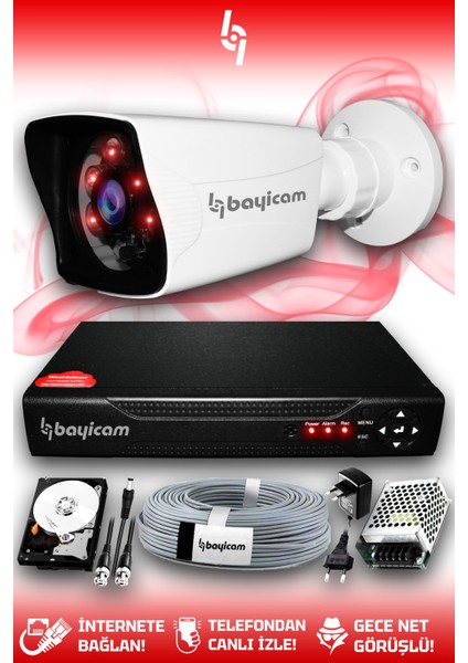 1 Kameralı Kare 1 Dış Kamera Set 250 GB HDD Full HD Gece Görüşlü Güvenlik Kamerası Sistemi