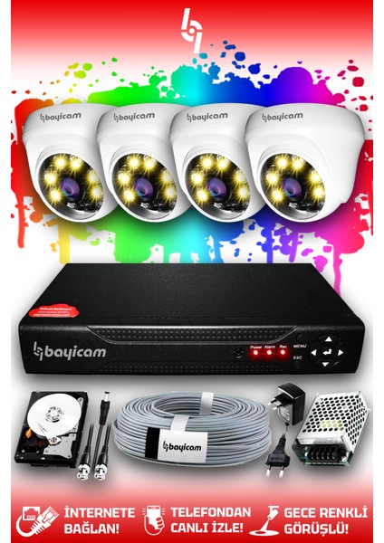 4 Kameralı Dome 4 İç Kamera Set 250 GB HDD Full HD Renkli Gece Görüşlü Güvenlik Kamerası Sistemi