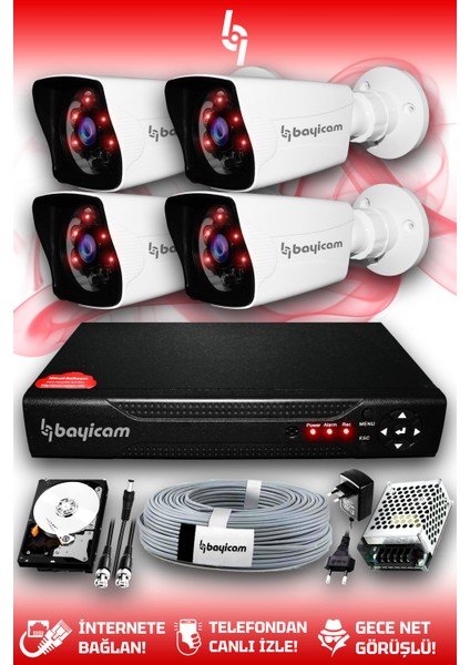 4 Kameralı Kare 4 Dış Kamera Set 320 GB HDD Full HD Gece Görüşlü Güvenlik Kamerası Sistemi
