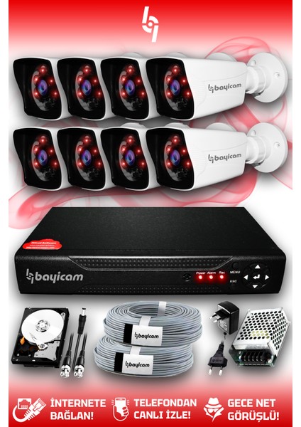 8 Kameralı Kare 8 Dış Kamera Set 500 GB HDD Full HD Gece Görüşlü Güvenlik Kamerası Sistemi