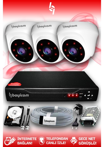 3 Kameralı Dome 3 İç Kamera Set 250 GB HDD Full HD Gece Görüşlü Güvenlik Kamerası Sistemi