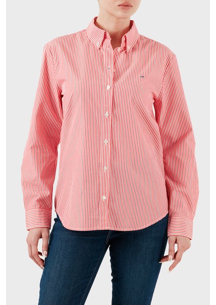 Çizgili Pamuk Regular Fit Düğmeli Yaka Gömlek Bayan Gömlek DW0DW20290 0d4 modelleri