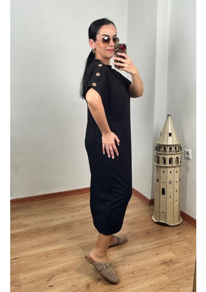 Omuz Gold Düğmeli Yarasa Kol Modal Elbise