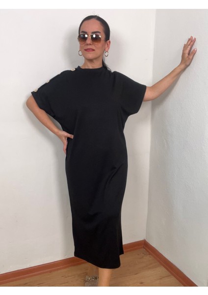 Omuz Gold Düğmeli Yarasa Kol Modal Elbise modelleri