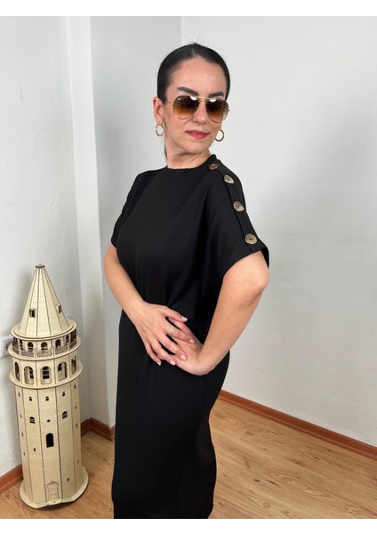 Omuz Gold Düğmeli Yarasa Kol Modal Elbise fırsatları