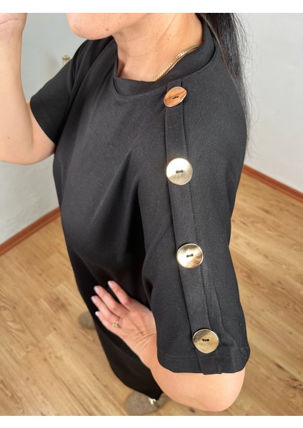 Omuz Gold Düğmeli Yarasa Kol Modal Elbise indirimleri