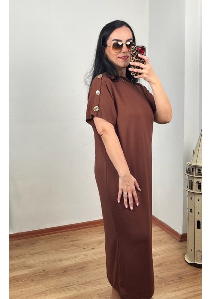 Omuz Gold Düğmeli Yarasa Kol Modal Elbise