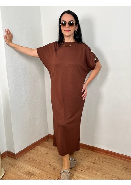 Omuz Gold Düğmeli Yarasa Kol Modal Elbise fiyatları