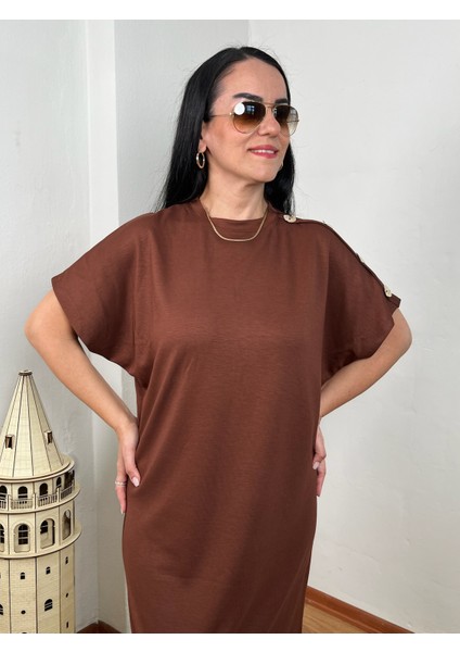 Omuz Gold Düğmeli Yarasa Kol Modal Elbise modelleri