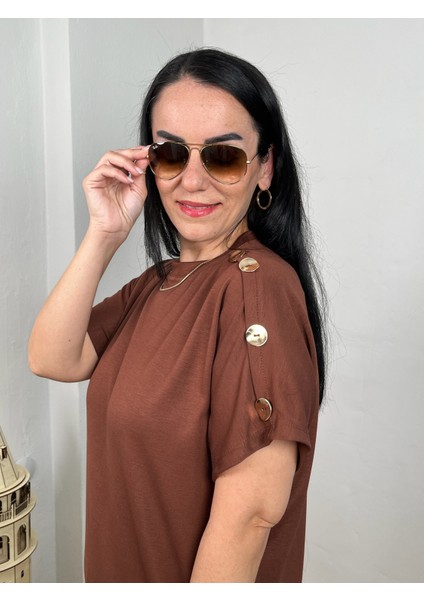 Omuz Gold Düğmeli Yarasa Kol Modal Elbise fırsatları