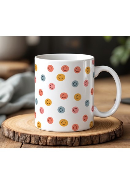 Yuvarlak Gülen Yüz Tasarımlı Beyaz Seramik Baskılı Kupa Bardak 330 ml