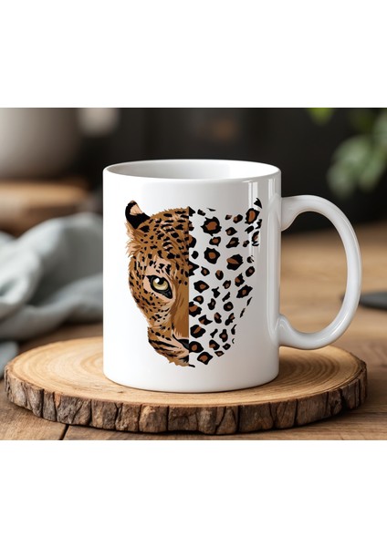 Leoparlı Aslan Tasarımlı Beyaz Seramik Baskılı Kupa Bardak 330 ml