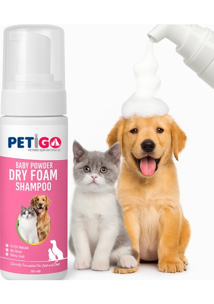 🧴 Petigo Baby Powder Dry Foam Shampoo 200 ml – Kedi ve Köpekler Için Durulama Gerektirmeyen Kuru Köpük Şampuan