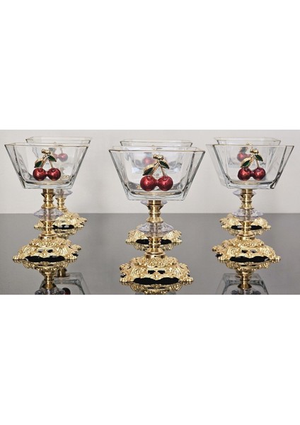 Luxury 6'lı Kirazlı Döküm Ayaklı Magnolia Dondurmalık & Kase & Sunumluk Cup 1 Adet