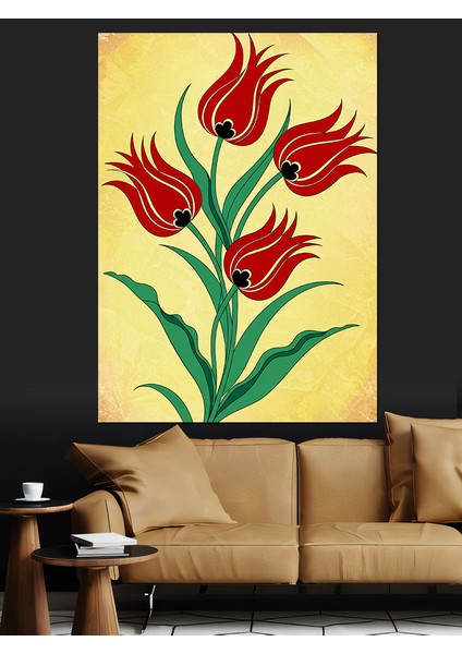 Kırmızı Laleler ve Minimalist Sanat Dekoratif Kanvas - Mdf Ahşap Tablo