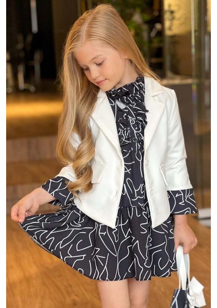 Kız Çocuk Yakası Fırfır ve Düğme Detaylı Karışık Desenli Viskon Siyah Salaş Elbise