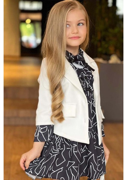 Kız Çocuk Yakası Fırfır ve Düğme Detaylı Karışık Desenli Viskon Siyah Salaş Elbise fiyatları