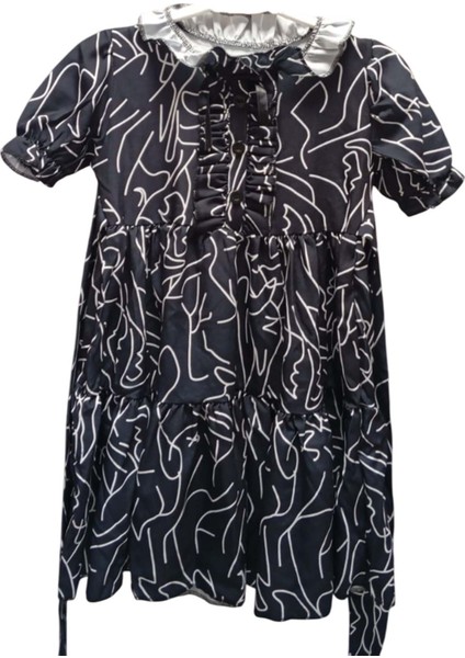 Kız Çocuk Yakası Fırfır ve Düğme Detaylı Karışık Desenli Viskon Siyah Salaş Elbise modelleri