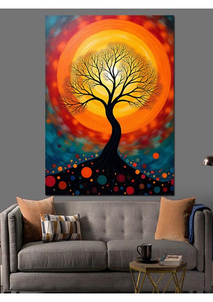 Turuncu Güneş Ağacı Dekoratif Kanvas - Mdf Ahşap Tablo