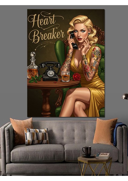 Heartbreaker ve Retro Stil Dekoratif Kanvas - Mdf Ahşap Tablo