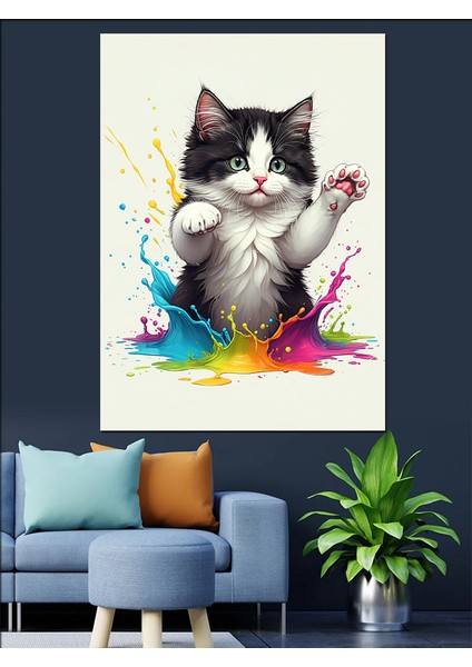 Neşeli Renkli Kedi Dekoratif Kanvas - Mdf Ahşap Tablo