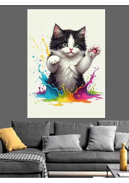 Neşeli Renkli Kedi Dekoratif Kanvas - Mdf Ahşap Tablo fırsatları