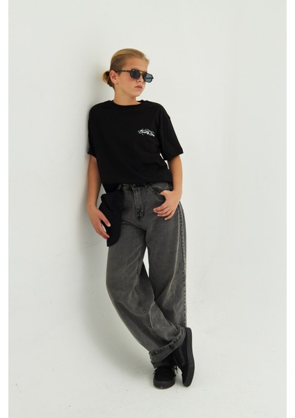 Arka Baskılı %100 Pamuk Unisex Oversize Siyah Çocuk Tişört