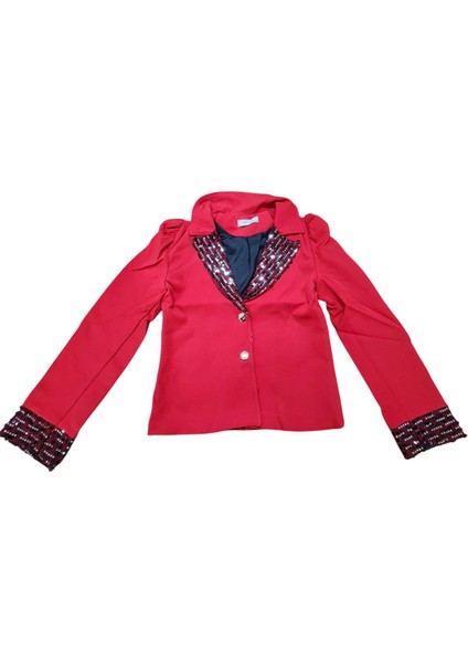 Kız Çocuk Yakası ve Bilekleri Pulpayet Işlemeli Çift Düğmeli Kırmızı Blazer Ceket