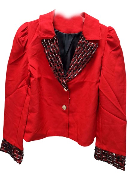Kız Çocuk Yakası ve Bilekleri Pulpayet Işlemeli Çift Düğmeli Kırmızı Blazer Ceket