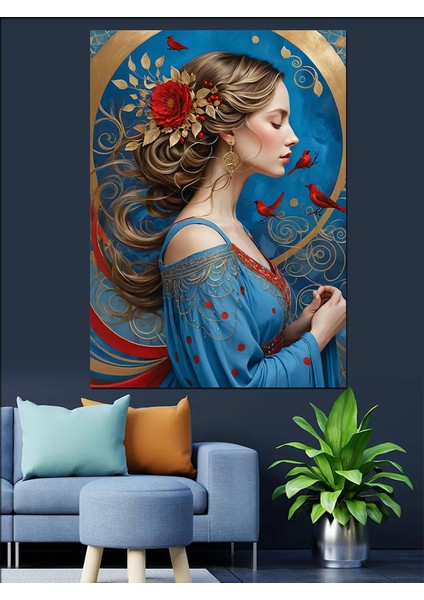 Çiçekli Kadın ve Mavi Dekoratif Kanvas - Mdf Ahşap Tablo