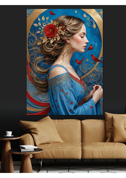 Çiçekli Kadın ve Mavi Dekoratif Kanvas - Mdf Ahşap Tablo fiyatları