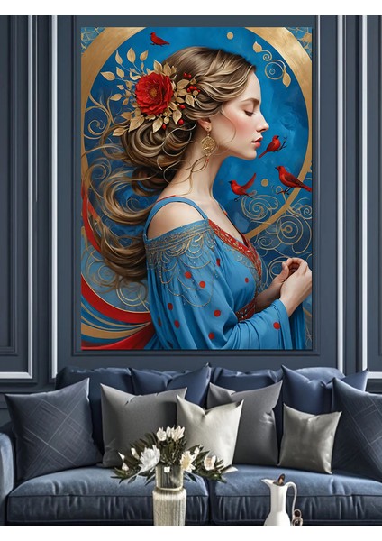 Çiçekli Kadın ve Mavi Dekoratif Kanvas - Mdf Ahşap Tablo modelleri