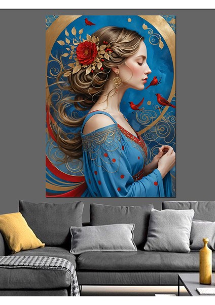 Çiçekli Kadın ve Mavi Dekoratif Kanvas - Mdf Ahşap Tablo fırsatları
