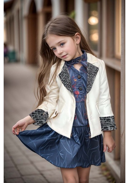 Kız Çocuk Yakası ve Bilekleri Pulpayet Işlemeli Çift Düğmeli Beyaz Blazer Ceket