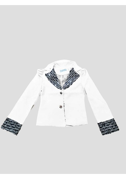 Kız Çocuk Yakası ve Bilekleri Pulpayet Işlemeli Çift Düğmeli Beyaz Blazer Ceket