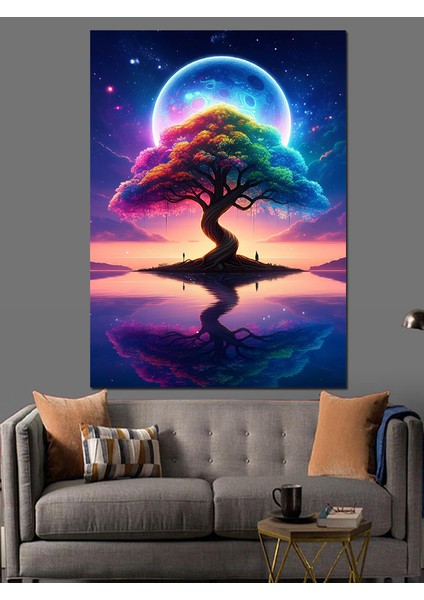 Ay Altında Büyülü Ağaç Dekoratif Kanvas - Mdf Ahşap Tablo