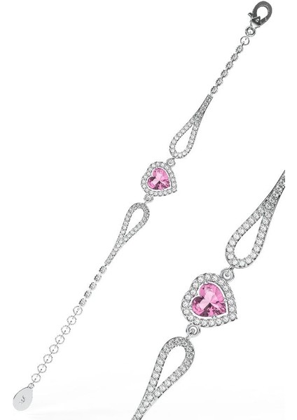 925 Ayar Pembe Taşlı Rodyum Pırlanta Görünümlü Kalp Gümüş Bileklik