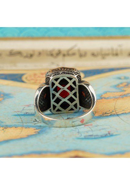 Zirkon Kırmızı El Işi Yakut Taşlı 925 Ayar Gümüş Erkek Yüzük