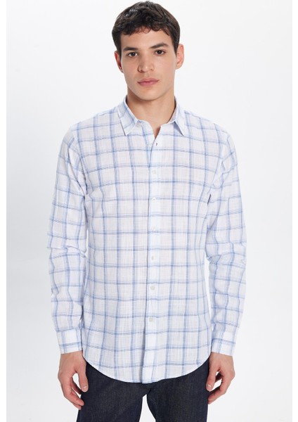 Erkek Slim Fit Dar Kesim %100 Pamuk Keten Doku Kareli Gömlek