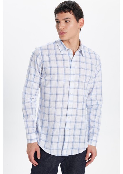 Erkek Slim Fit Dar Kesim %100 Pamuk Keten Doku Kareli Gömlek modelleri