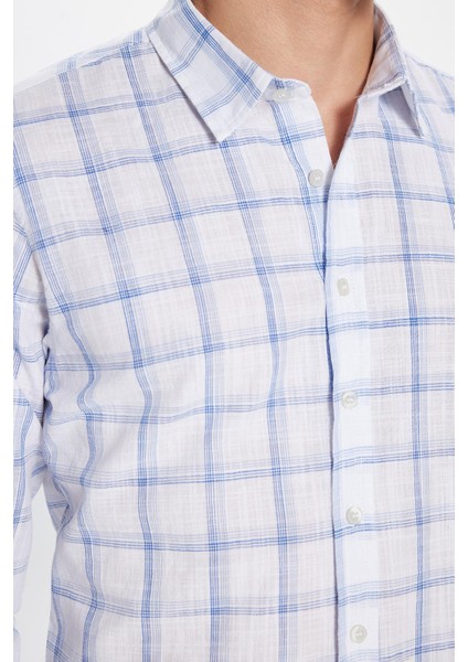 Erkek Slim Fit Dar Kesim %100 Pamuk Keten Doku Kareli Gömlek fırsatları