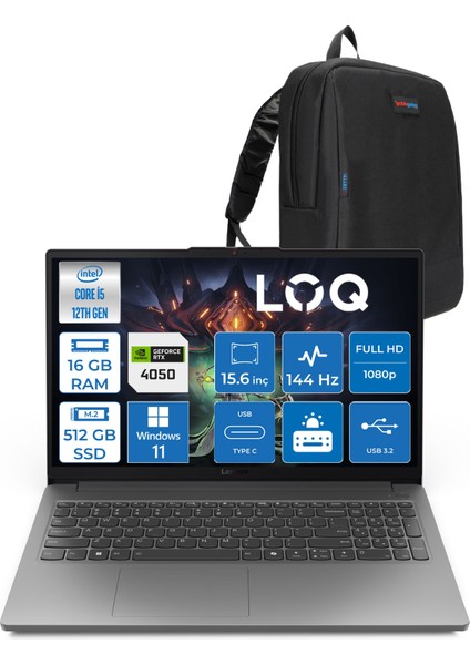 Loq 15IAX9E Intel Core I5 12450HX Ddr5 16GB 512GB SSD 15.6" IPS Fhd 144Hz RTX4050 Windows 11 Home Gaming Laptop 83LK002PTRH04 + Zetta Çanta