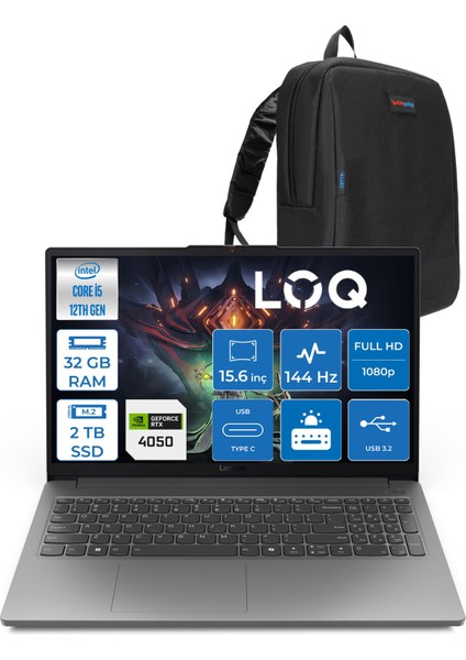 Loq 15IAX9E Intel Core I5 12450HX Ddr5 32GB 2tb SSD 15.6" IPS Fhd 144Hz RTX4050 Freedos Gaming Laptop 83LK002PTRF09 + Zetta Çanta