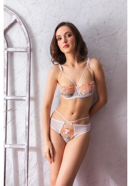 Çiçekli Transparan Straplez Sütyen ve String Takım Ekru (MGP32052)