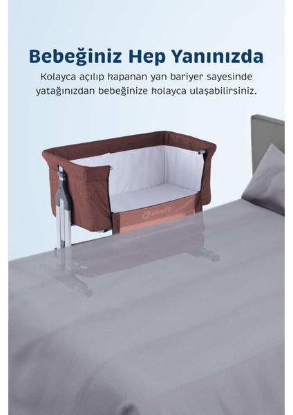 - Sallanabilir Anne Yanı Portatif Beşik - Yükseklik Ayarlı, Cibinlikli, ve Tekerlekli - Kahverengi